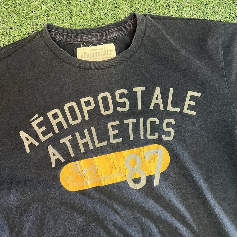 Vintage Y2k Aeropostale Athletics Navy Yellow Embroidered Graphic Tee Men's L